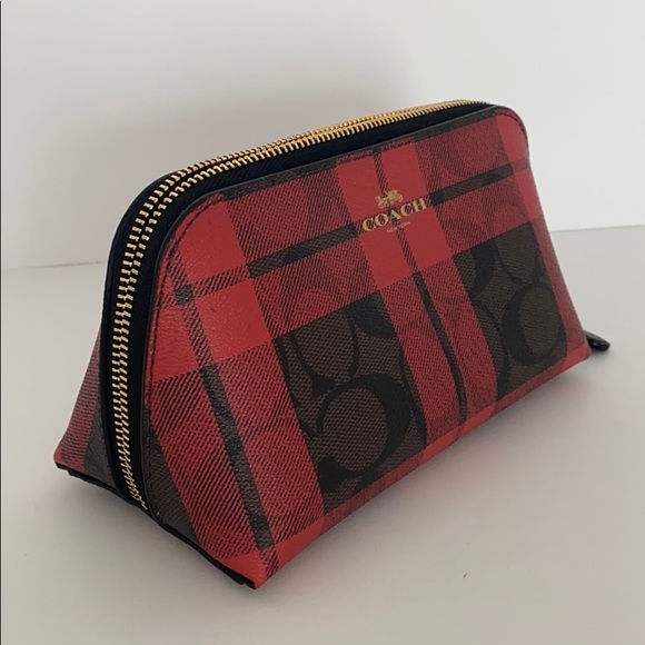 Coach Signature Red Field Plaid Cosmetic Case - Picture 2 of 16
